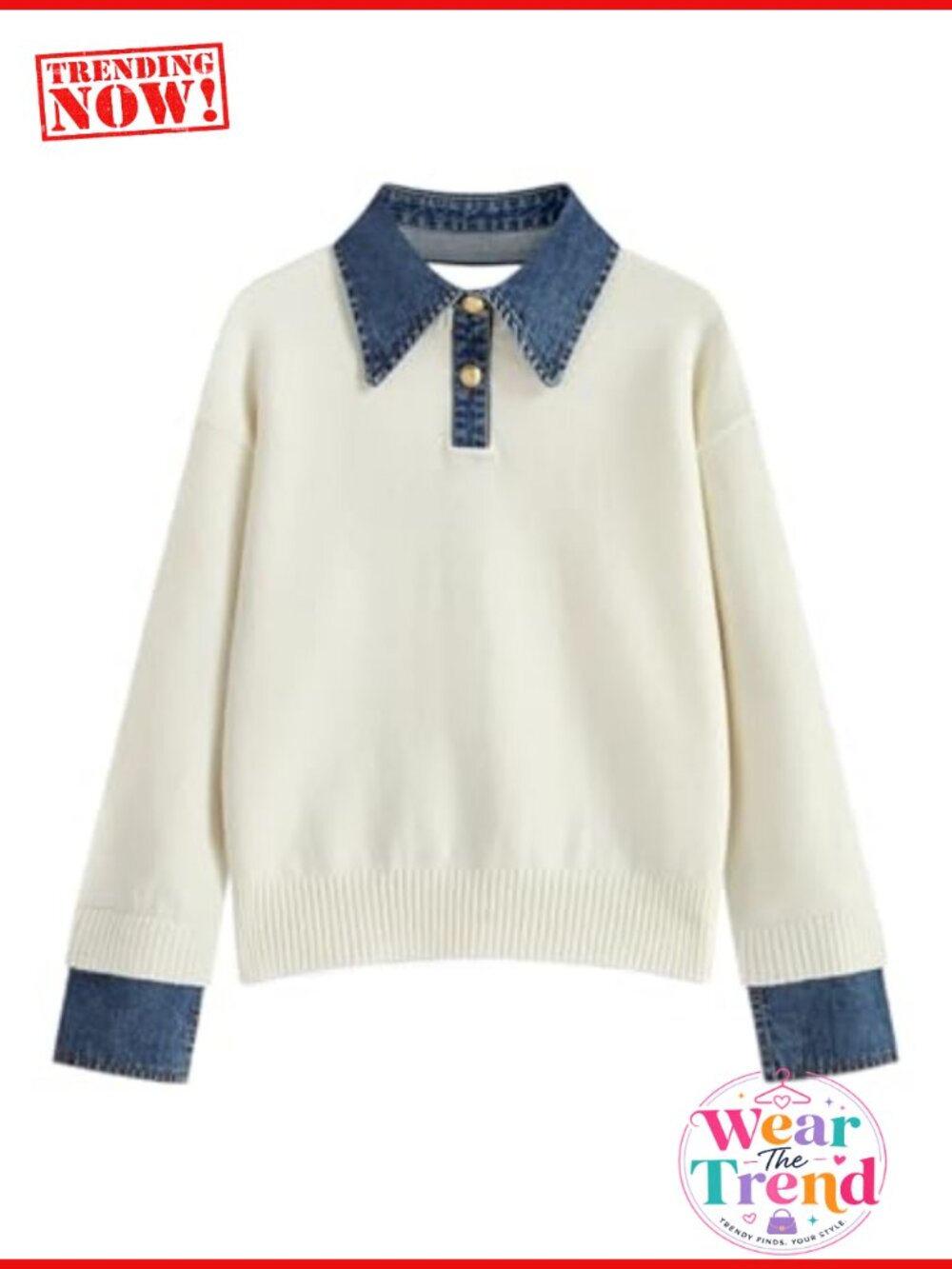 Polo Sweater Oversized Denim Collar Cuffs Long Sleeve Knit Pullover Fall